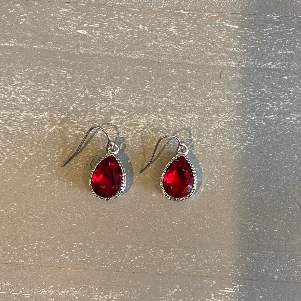 Vintage Tear Drop Ruby Silver Dangle Earrings - image 1